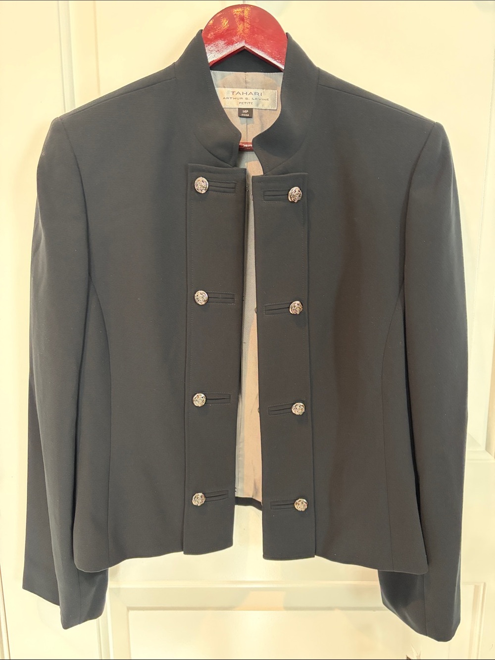 Tahari Navy Military-Style Stand Collar Blazer with Decorative Buttons
